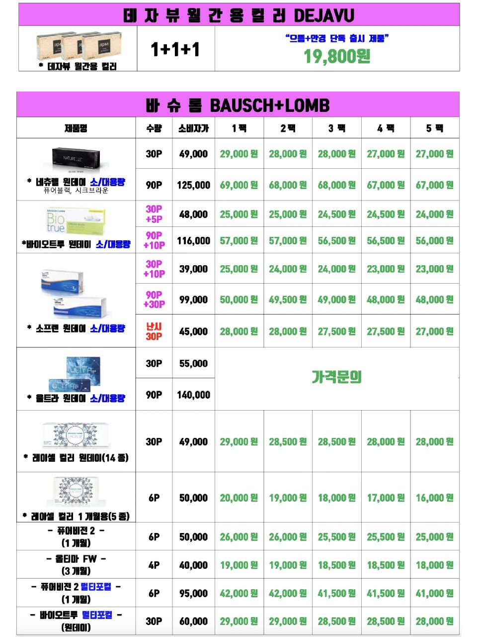 7月份 隐形眼镜价格表 后面绿色字体价格是我们店的价格.
