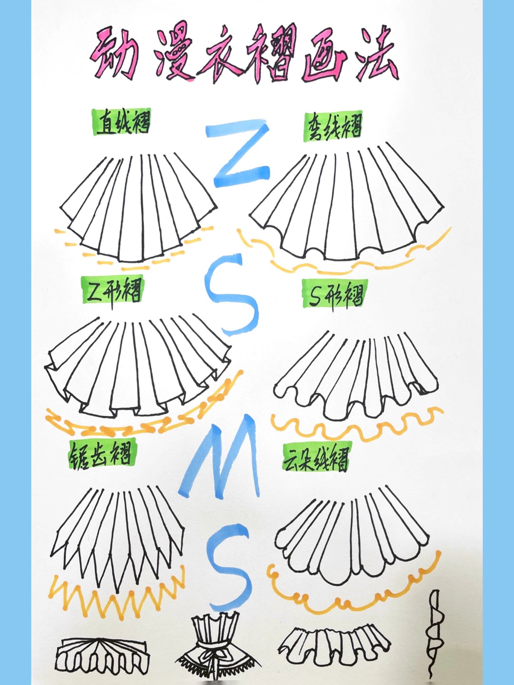动漫百褶裙花边的画法 动漫裙褶皱画法 直线边 弯线边 z形边 $形边