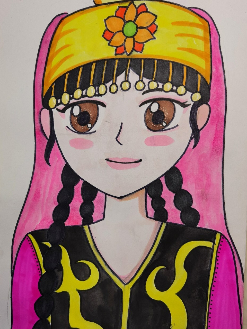 少数民族维吾尔族少女儿童画创意美术马克笔 画一个维吾尔族少女的