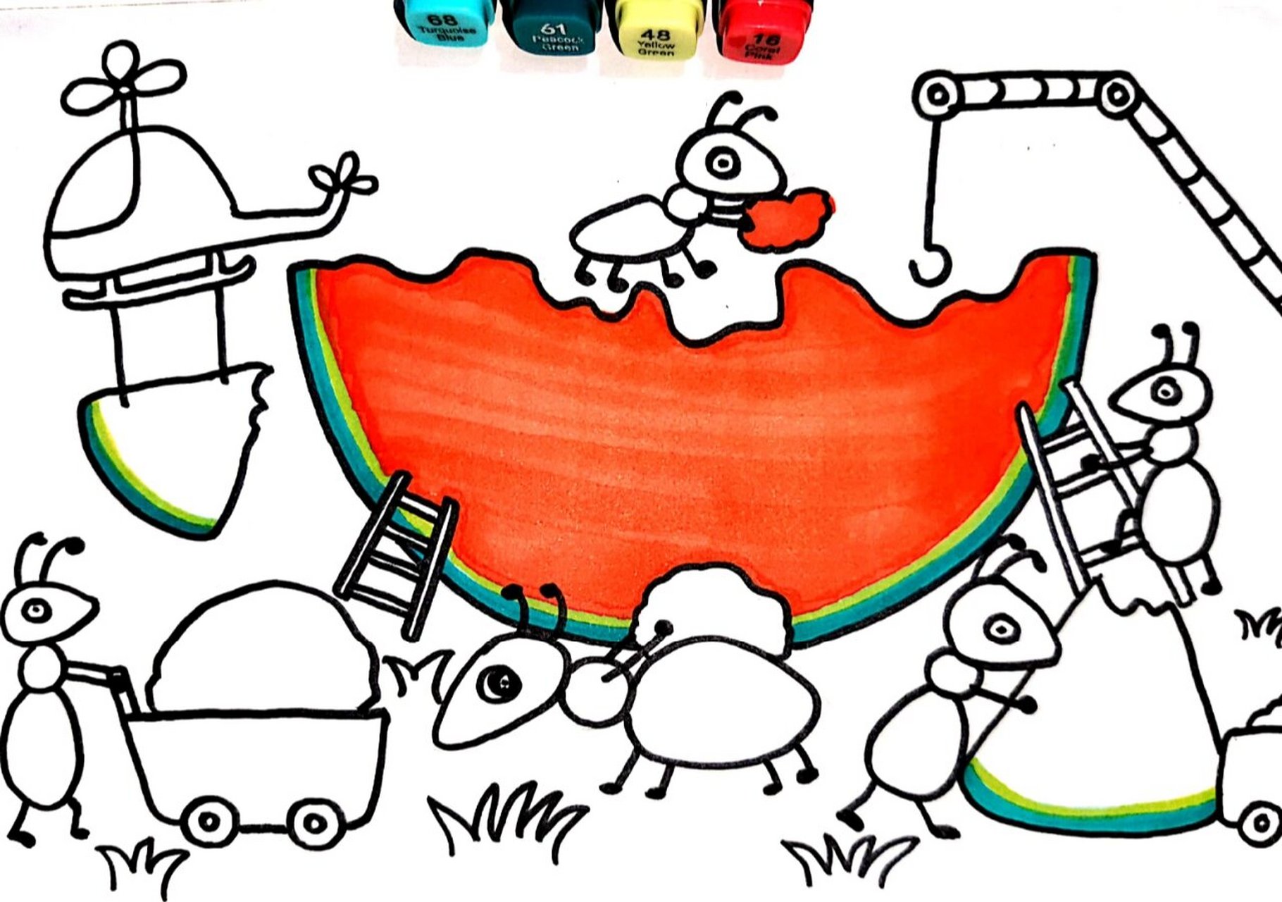 蚂蚁搬西瓜 创意儿童画 简笔画 马克笔手绘