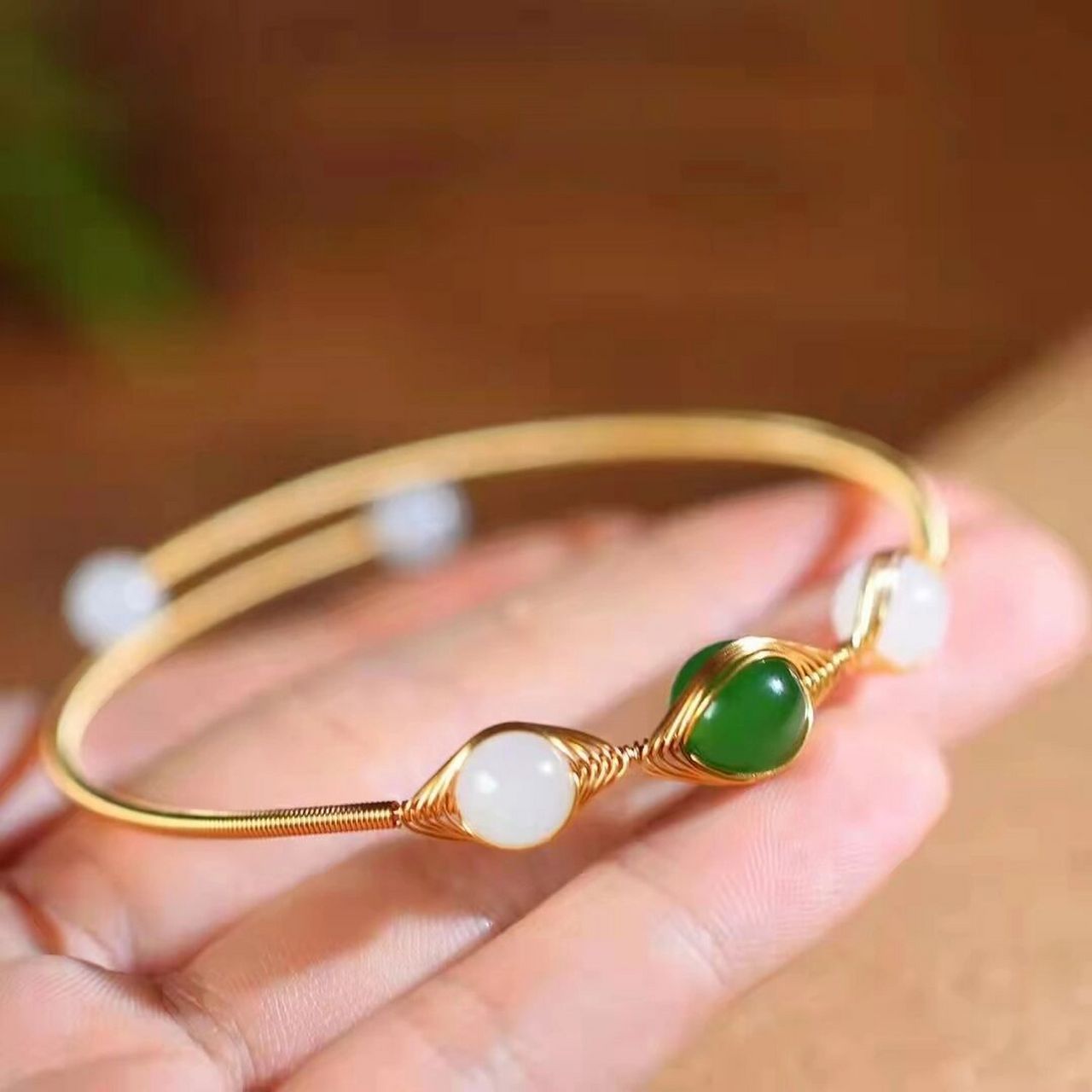 手工编制铜丝手链  【手链】和田白玉 碧玉,纯手工铜丝编织,精致好看!