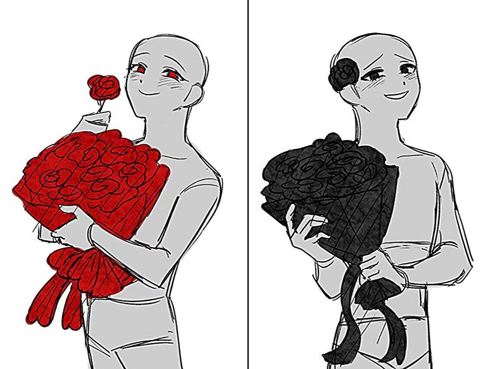 情侣双人组合线稿模板 我抱着你送的玫瑰花95