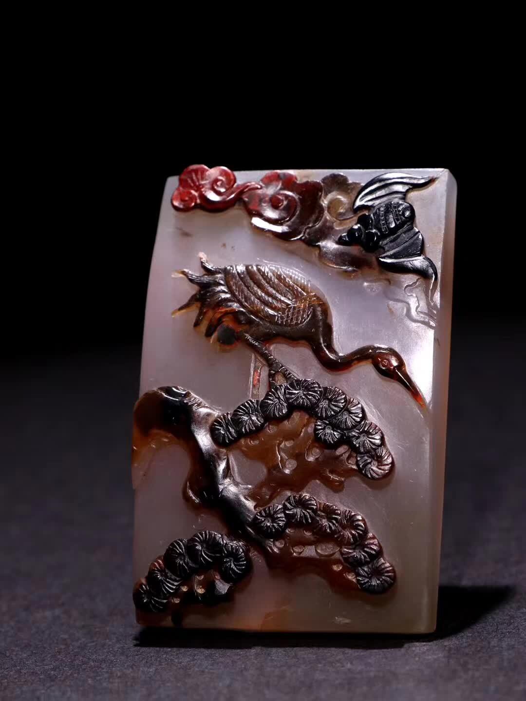 晚清 玛瑙"松鹤延年"牌子「旧藏」重51.4g