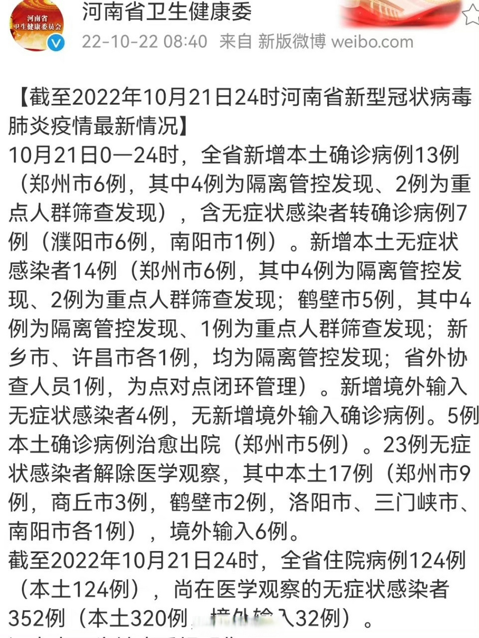 洛阳疫情【洛阳无新增】截至2022年10月21日24时河南省新型冠状