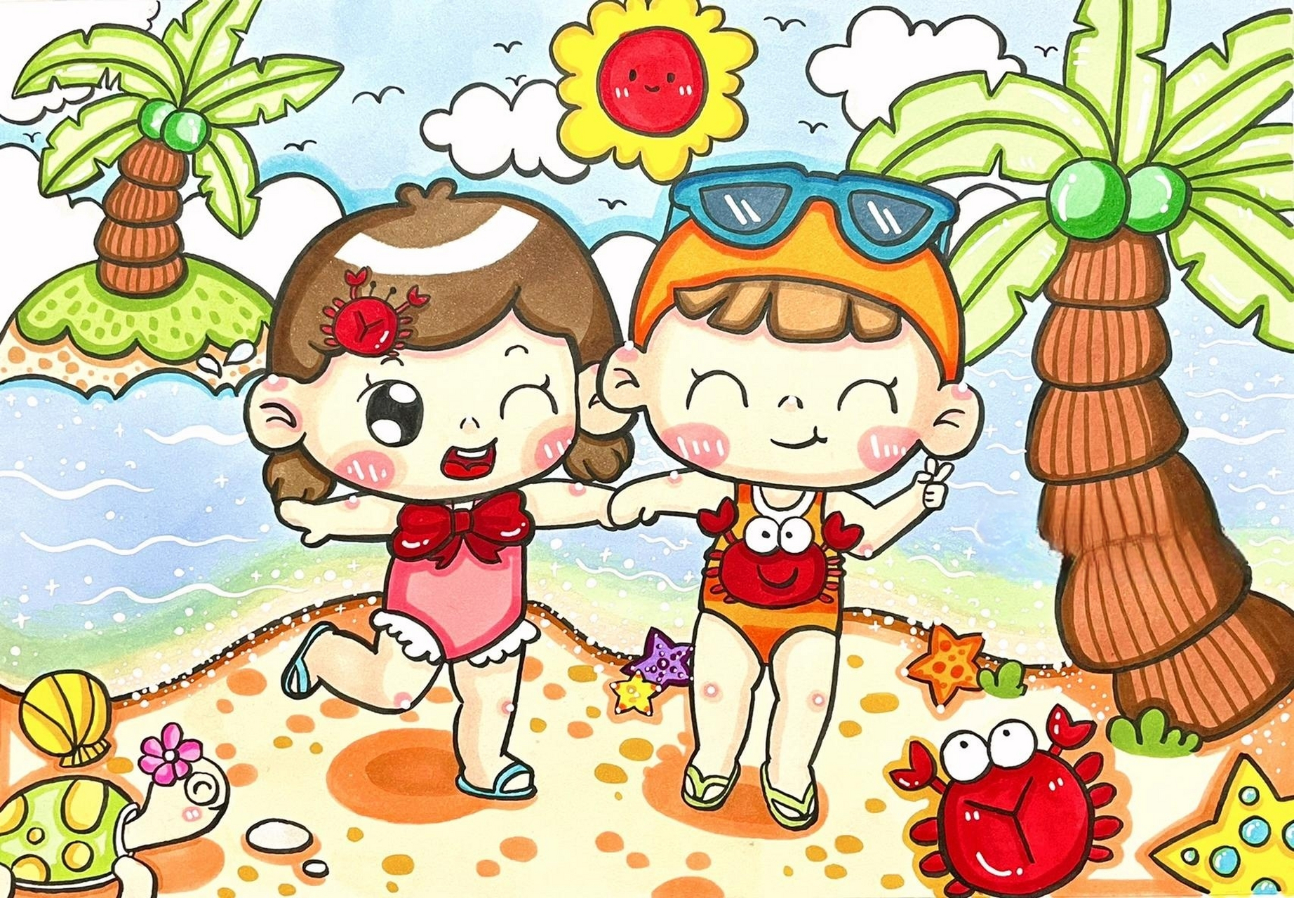 儿童画 沙滩主题儿童画 炎热夏季马上到来啦 一幅夏日沙滩画 临汤圆