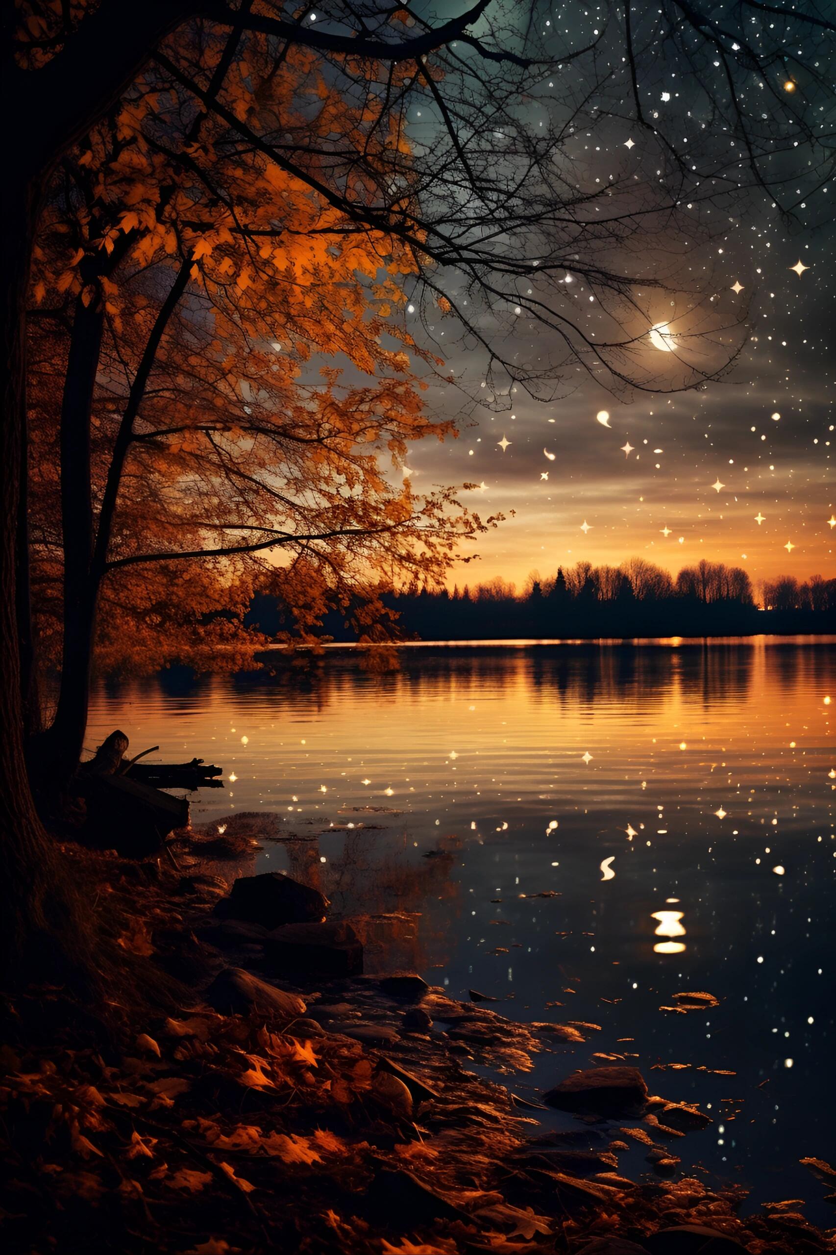 昼夜平分,秋色平分,我的生活,跟你平分 秋天的夜晚,天空在湖面的倒影