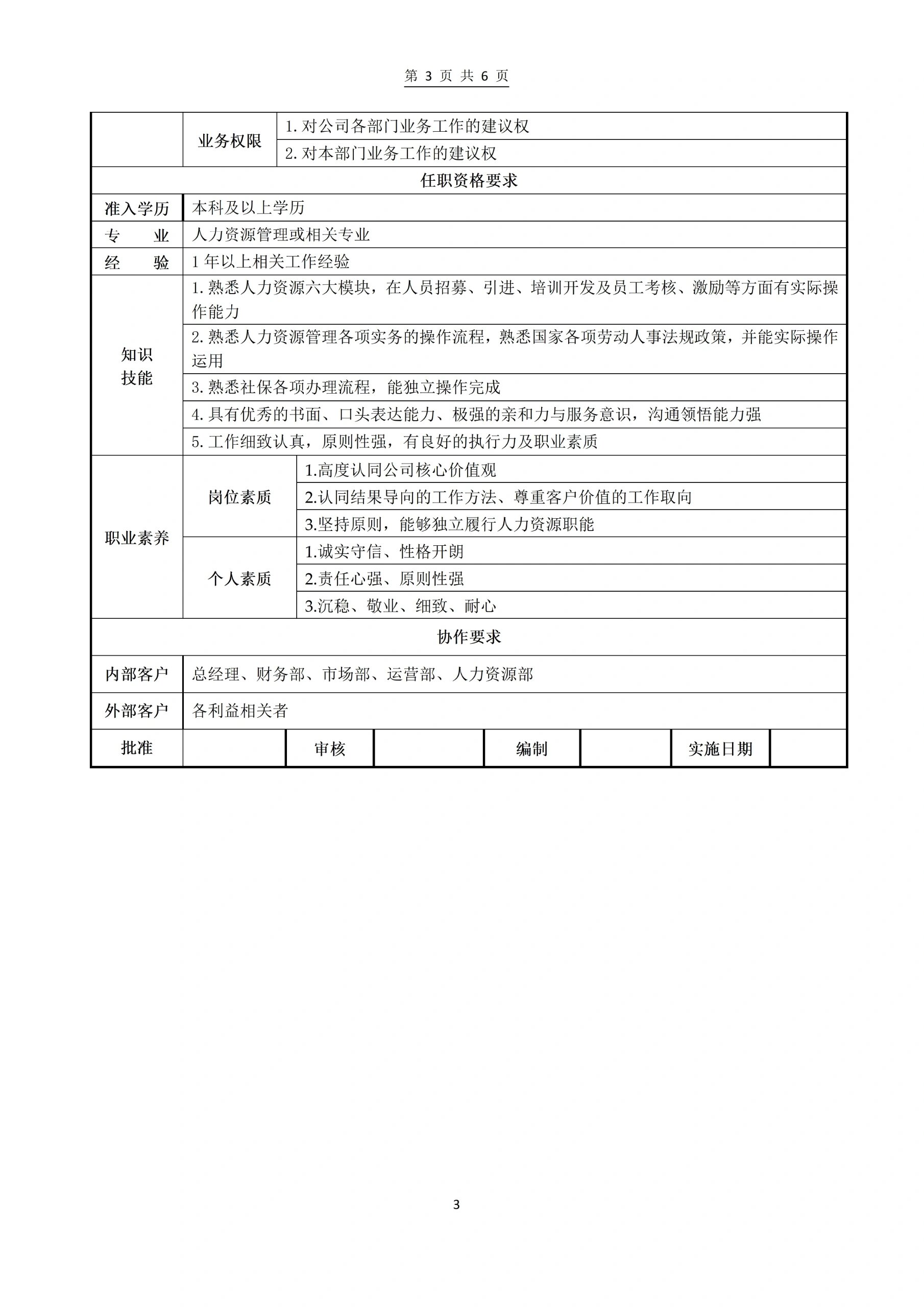 人事行政专员岗位说明书