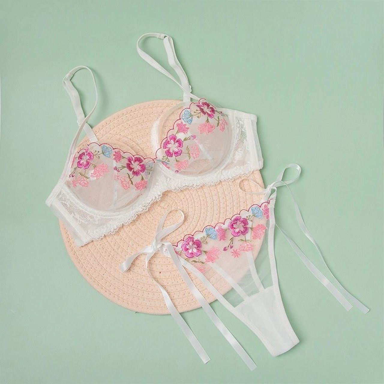 法式全透明内衣套装 法式蕾丝全透明胸罩性感诱惑内衣女薄款刺绣文胸