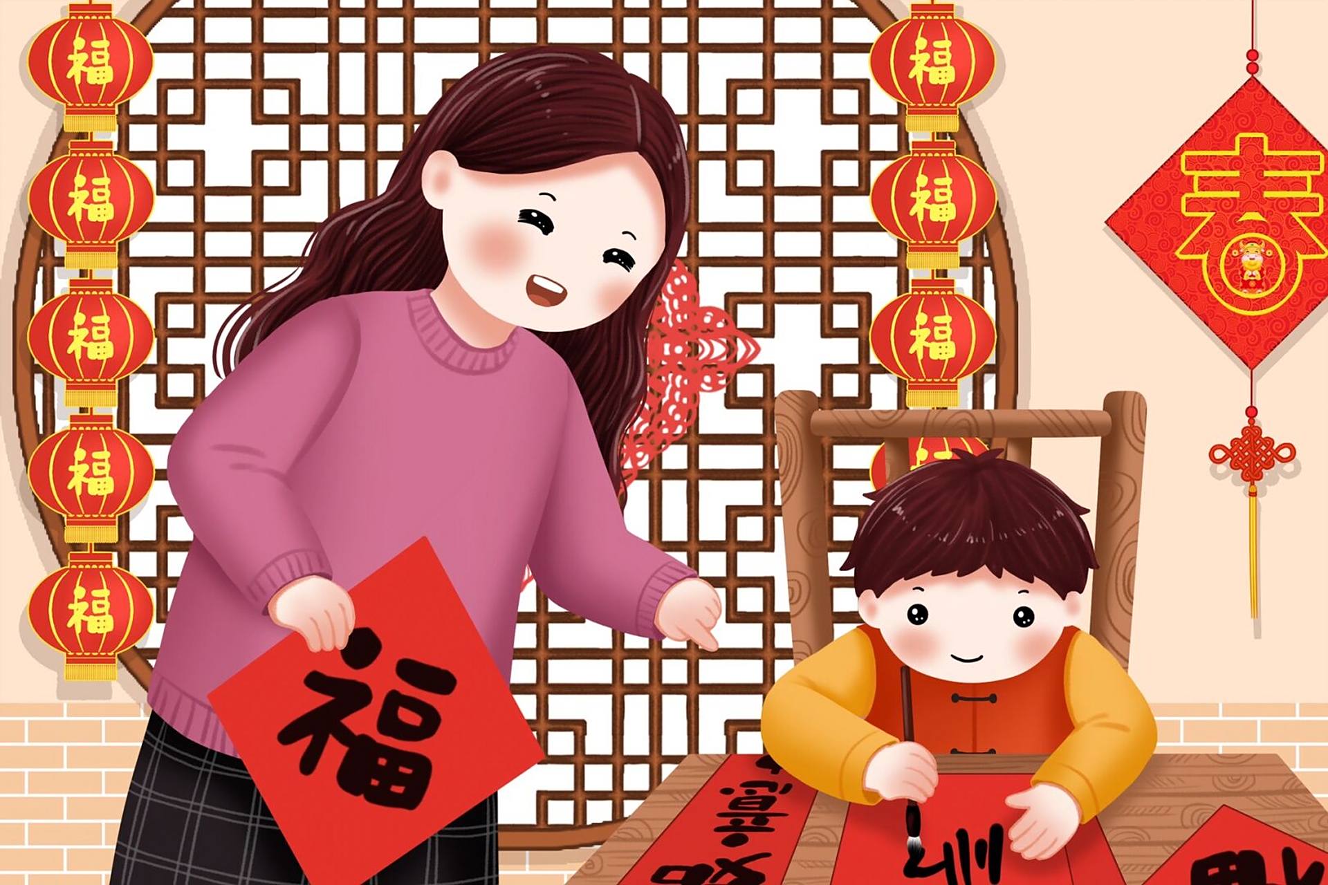 插画|贴春联是春节非常开心的事 又快到年低了,一年最值得期待的日子