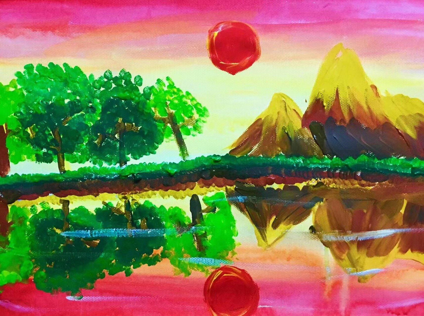 倒影 儿童水粉画 有全套儿童水粉课件哦!可私聊