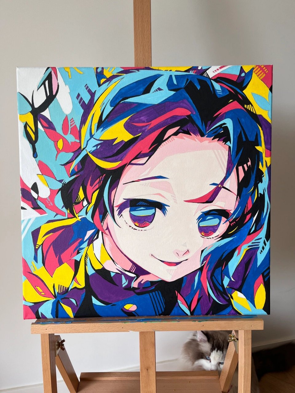 手绘丙烯画鬼灭之刃蝴蝶忍,附绘画过程～ 画布尺寸50*50 步骤:先用