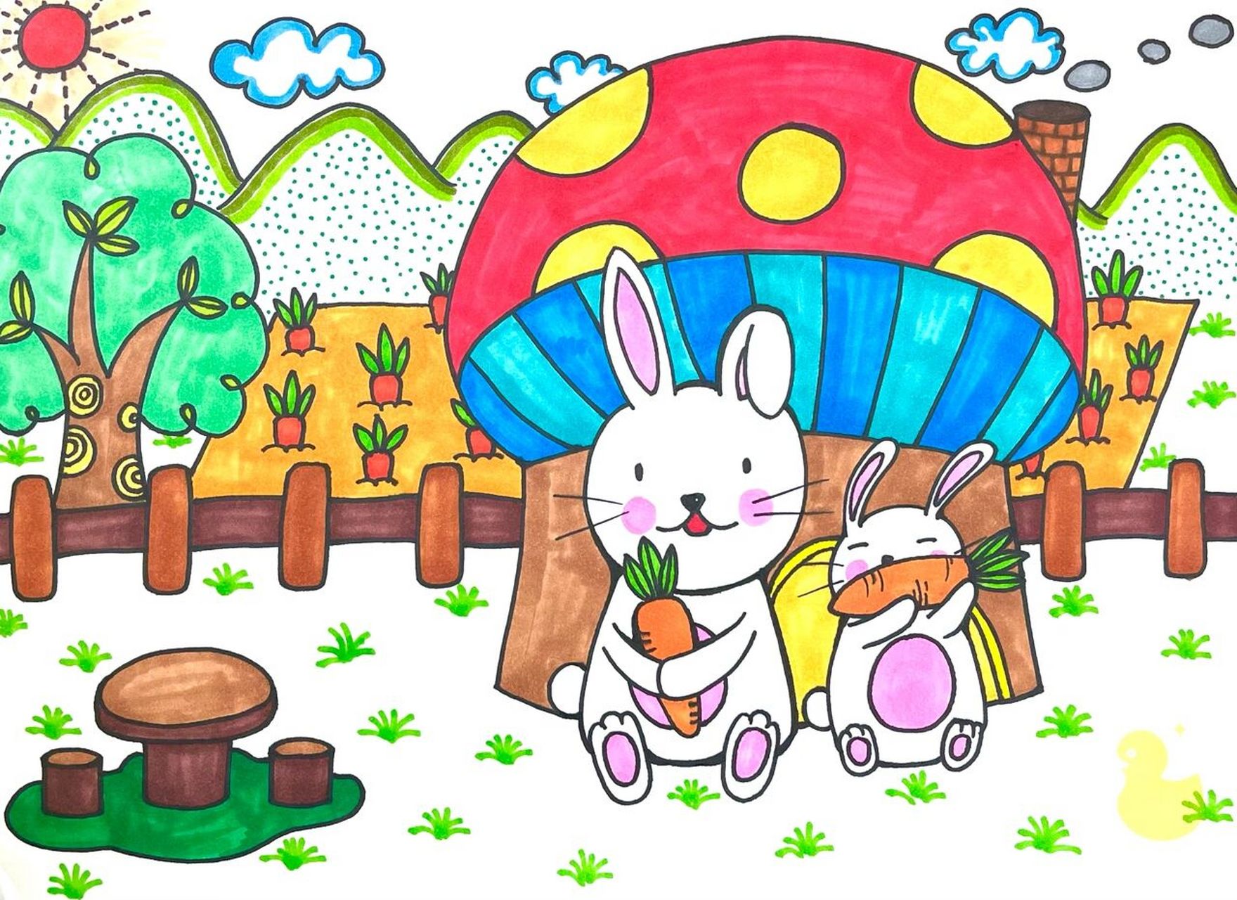 小学美术|一年级《画中画》 由胡萝卜联想到小兔子,再联想到蘑菇房