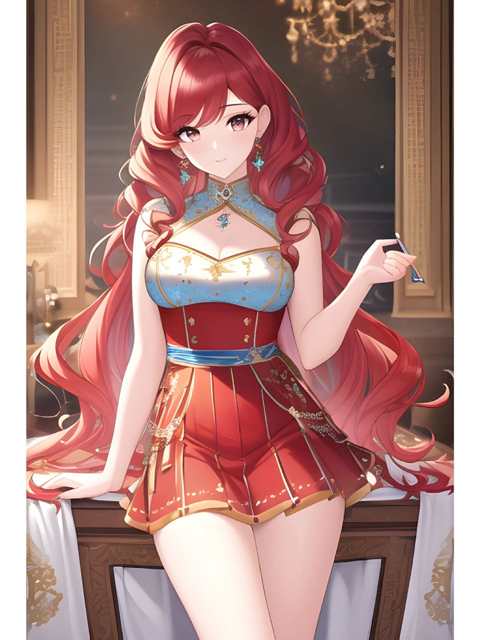 红色高贵连衣裙女子,动漫二次元绘画人物