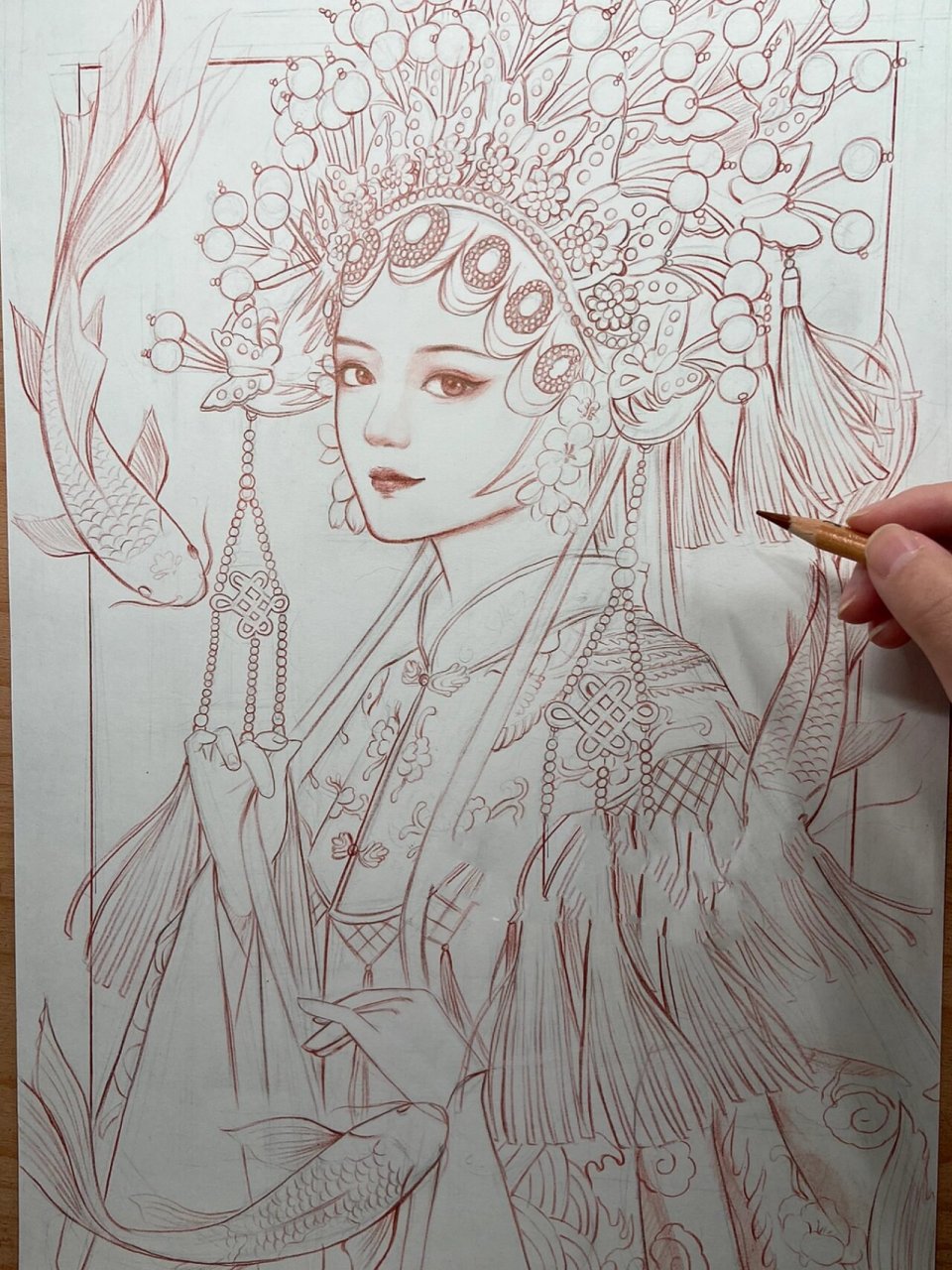 锦鲤花旦女孩/线稿手绘分享 再一次画花旦女孩,加上喜欢的锦鲤元素