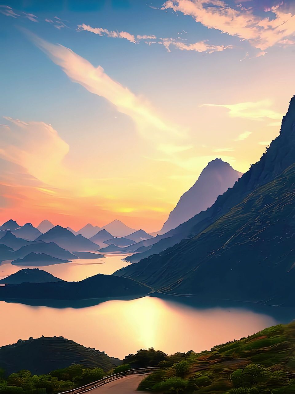 山川美景朝霞下的大自然风景古风插画15