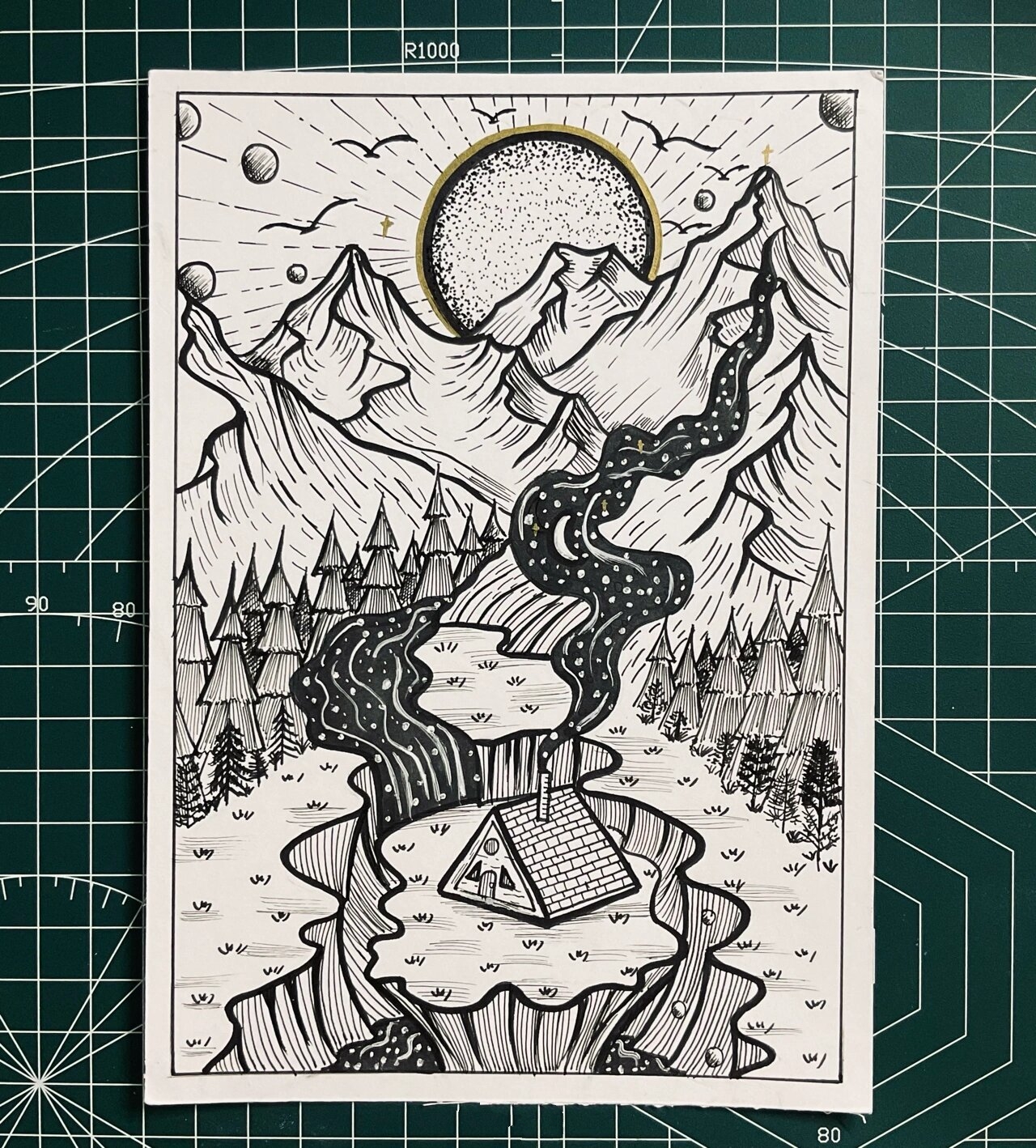 黑白风景画超治愈线描5/100针管笔手绘 风景线稿了l装饰画lday6 临摹