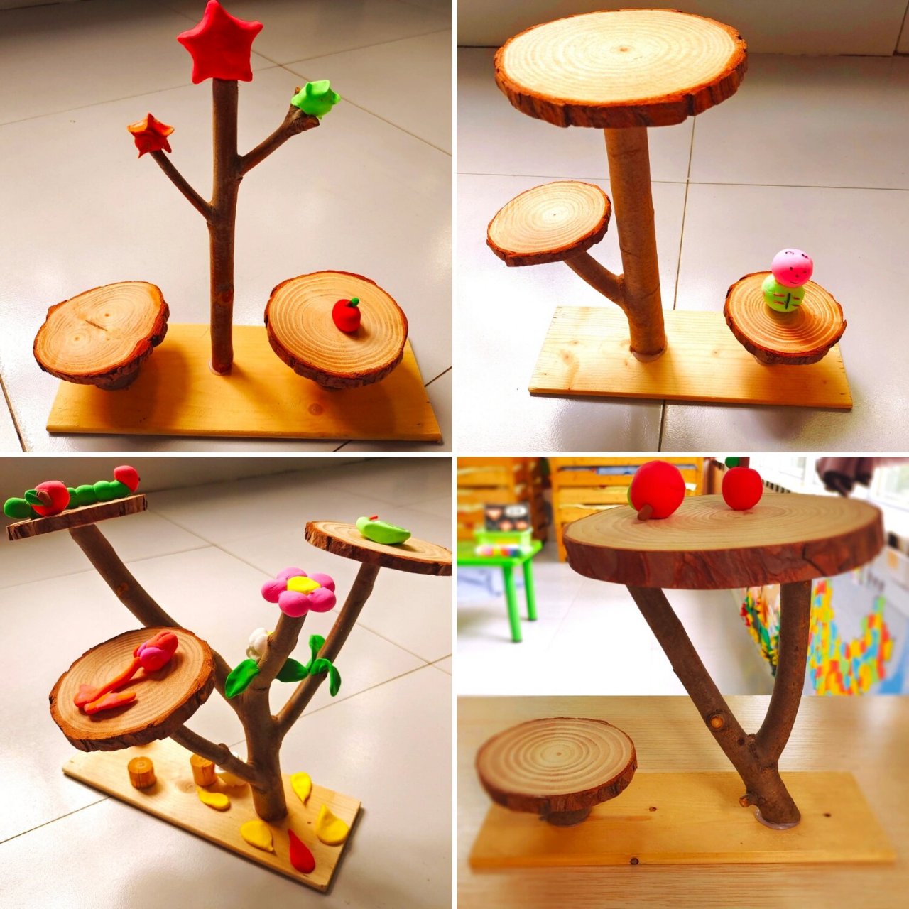 自制美工区展示架～树枝 桃树林里自己砍的树枝 仓库里不要的原木片