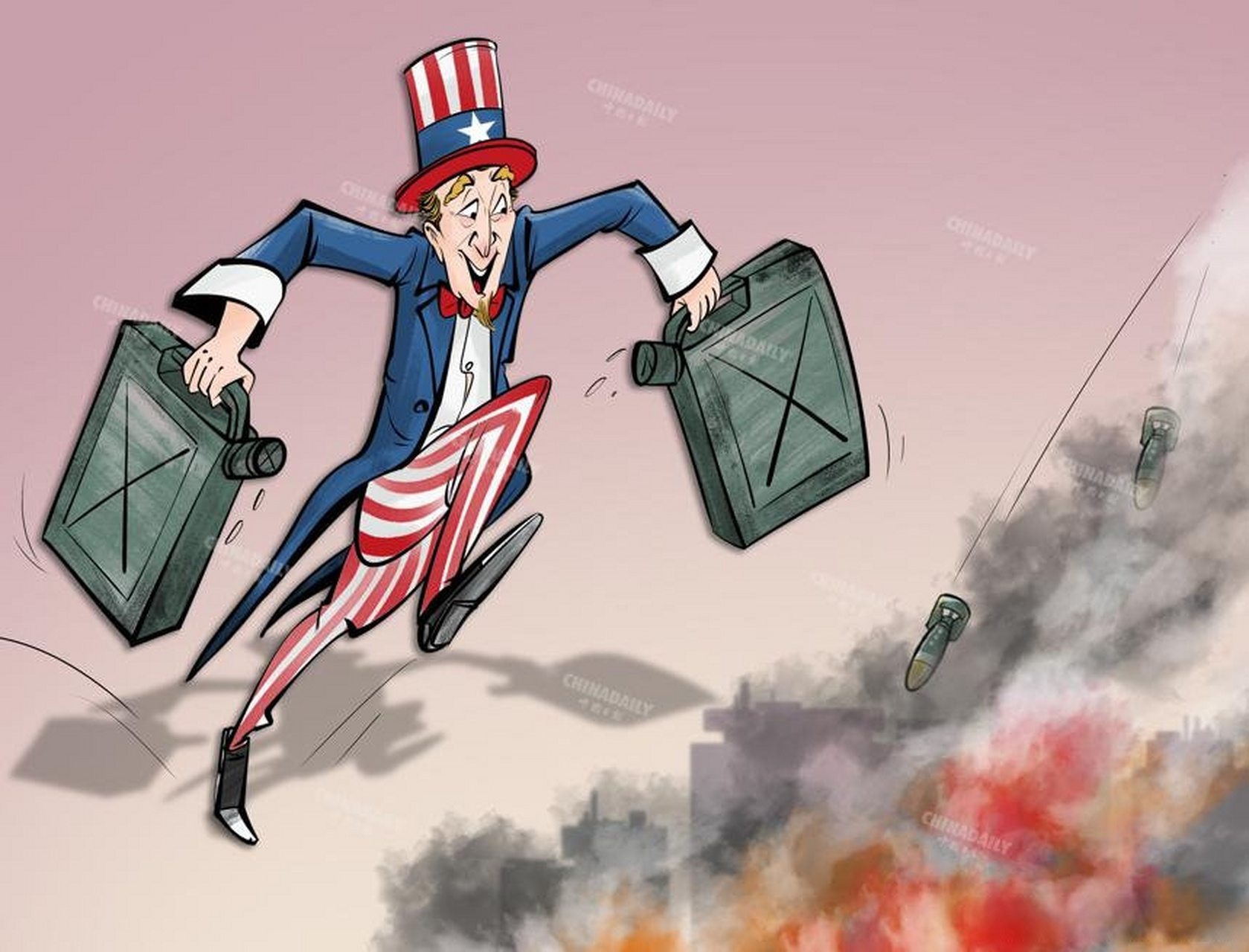 中国日报漫画【火上浇油】美国最爱火上浇油,世界和平永无宁日.