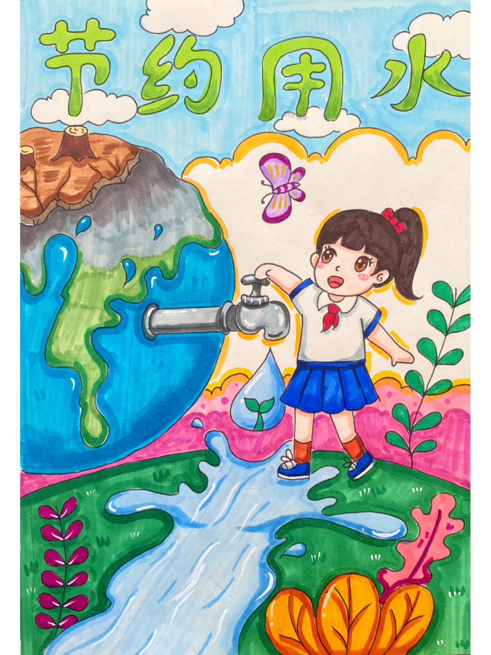 节约用水儿童创意画 环保主题画 #创意美术儿童画# #儿童创意画