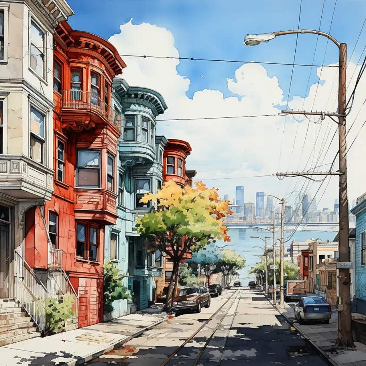 水墨素描旧金山街景 ai绘画头像高清图片