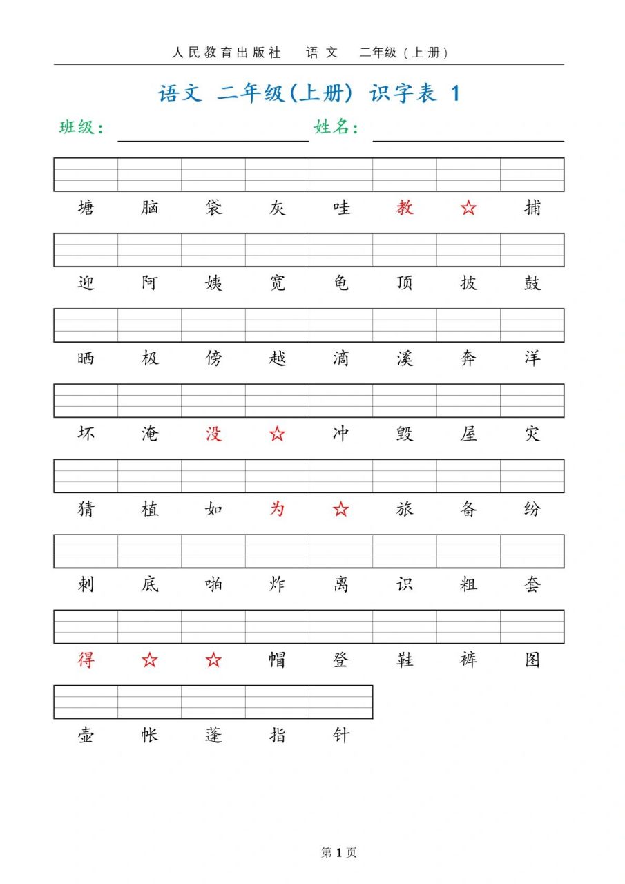 语文二年级上册识字表注音练习 课本识字表,共450个生字,注音练习 有