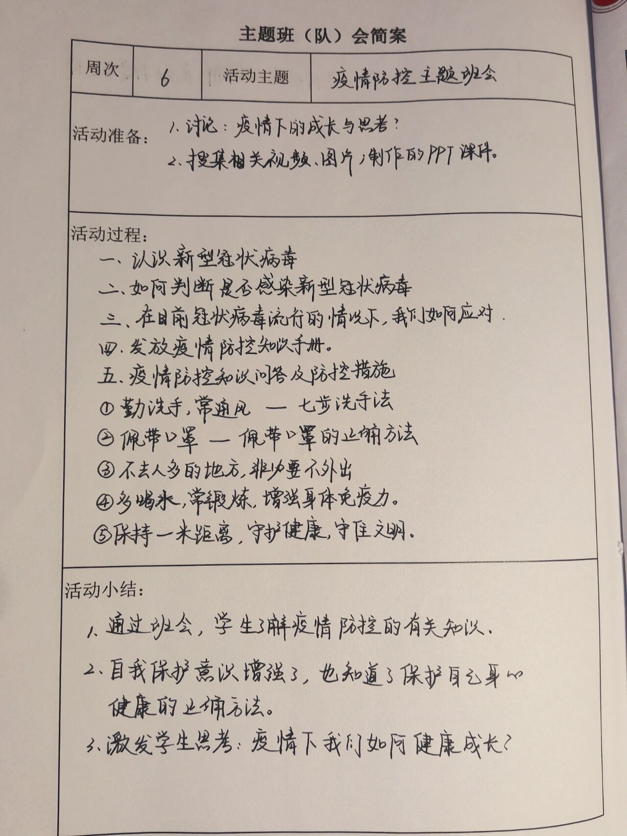 疫情防控班会记录模板图片