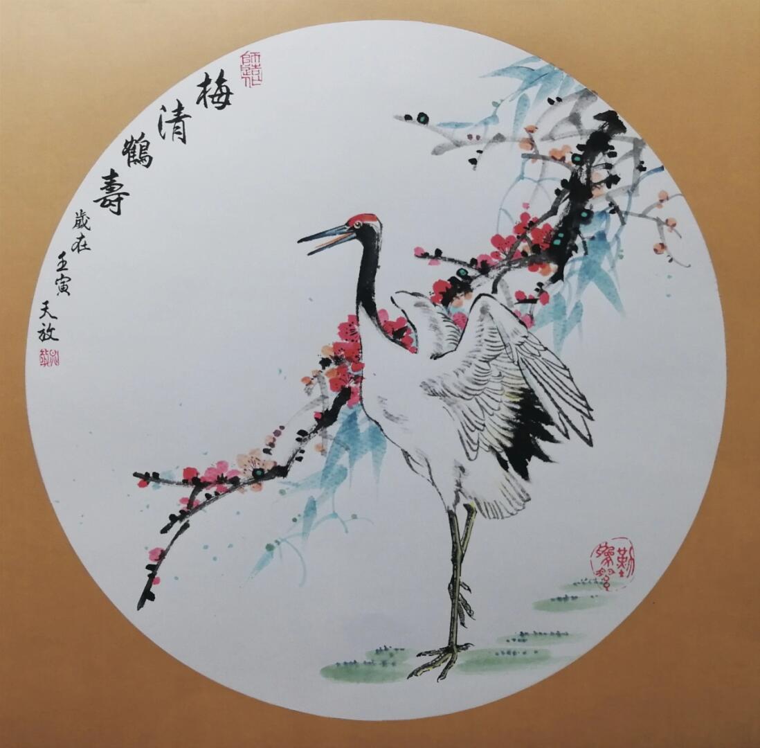 国画写意仙鹤《梅清鹤寿》