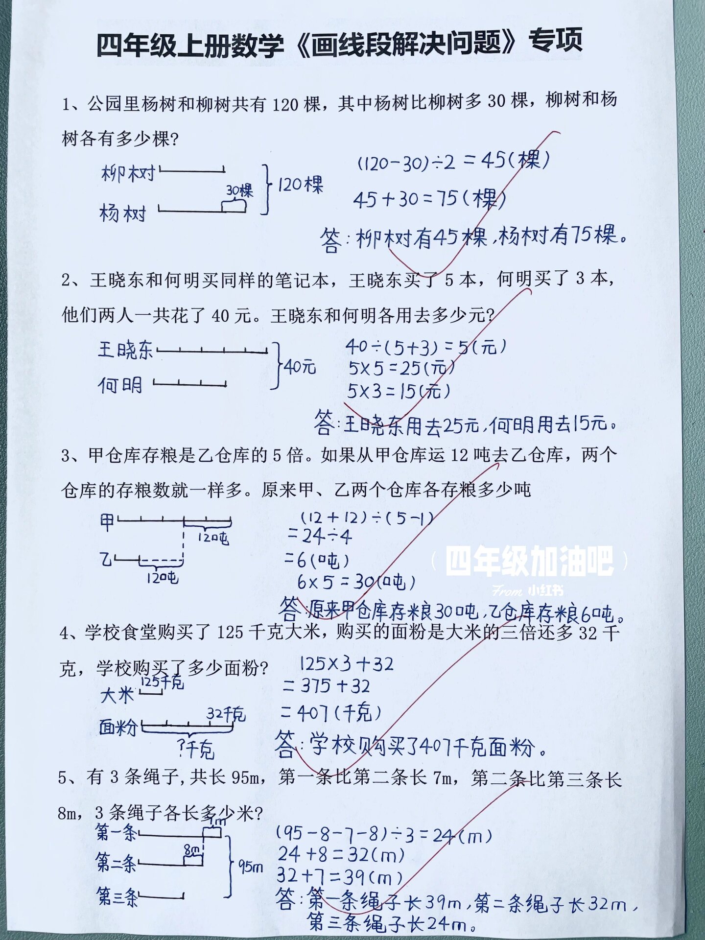 四年级上册数学画线段图解决问题专项练习