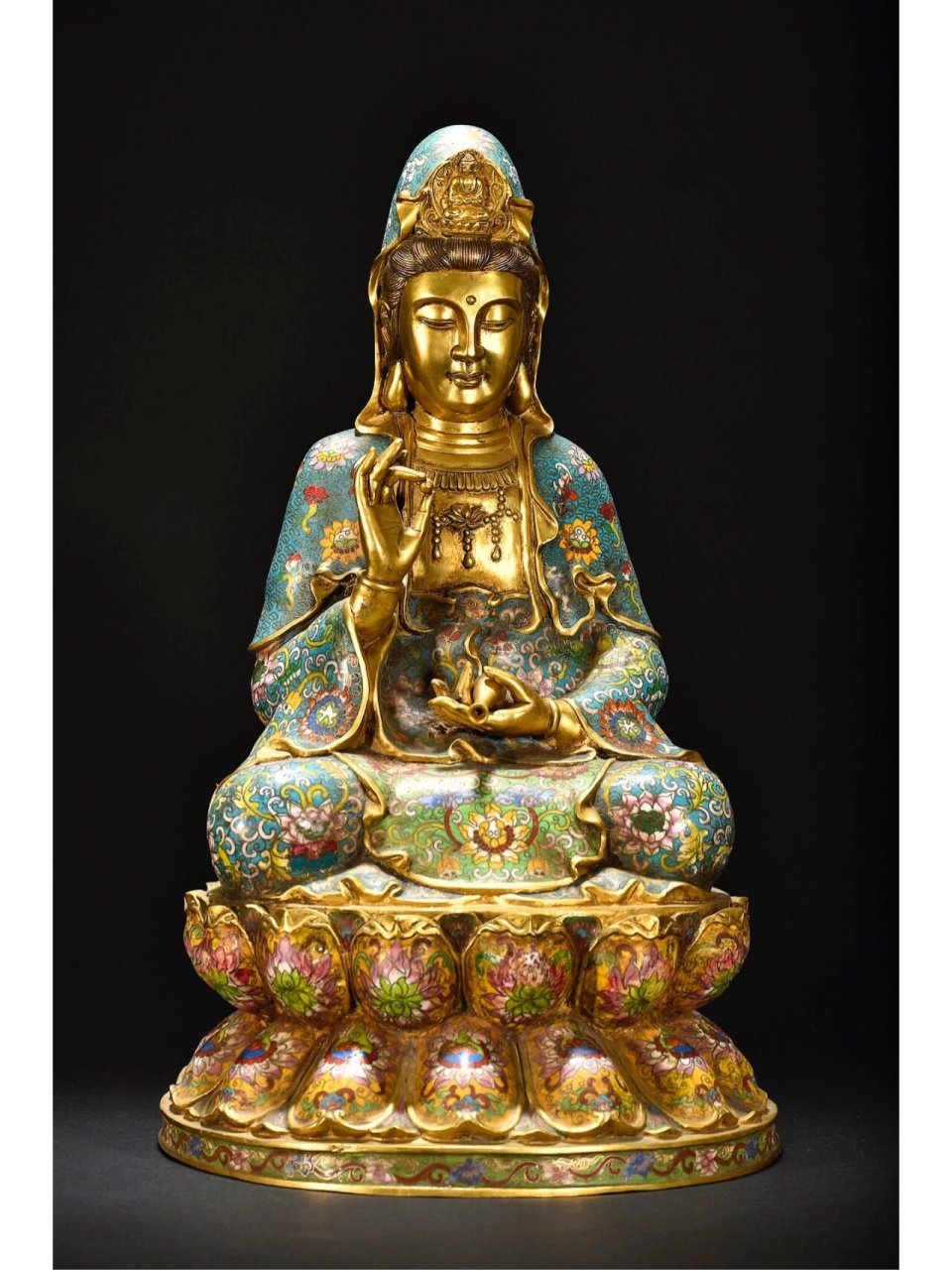 清"大清乾隆年制"款铜鎏金景泰蓝掐丝观音大造像 规格:高46.