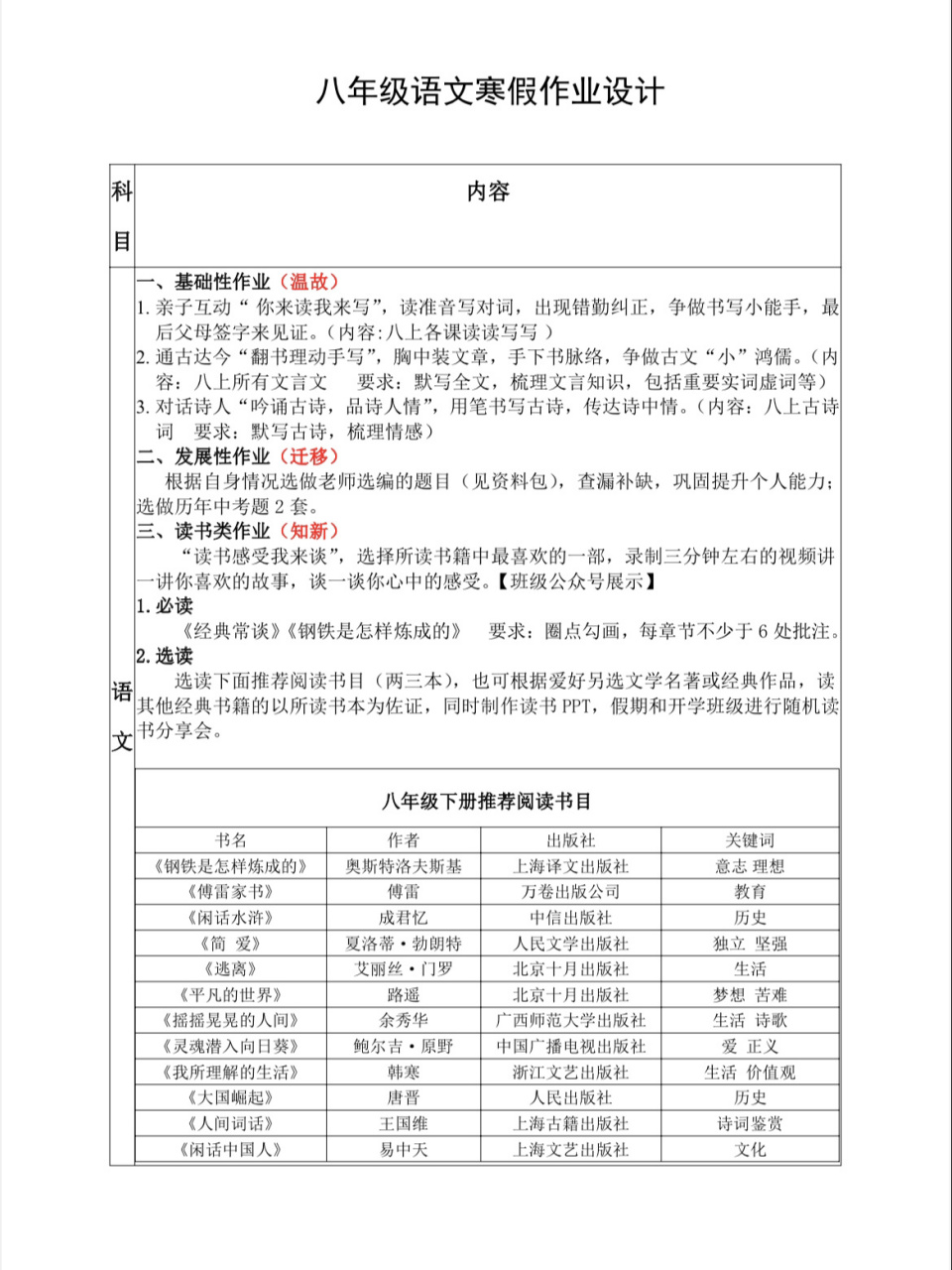 初二语文寒假作业布置图片