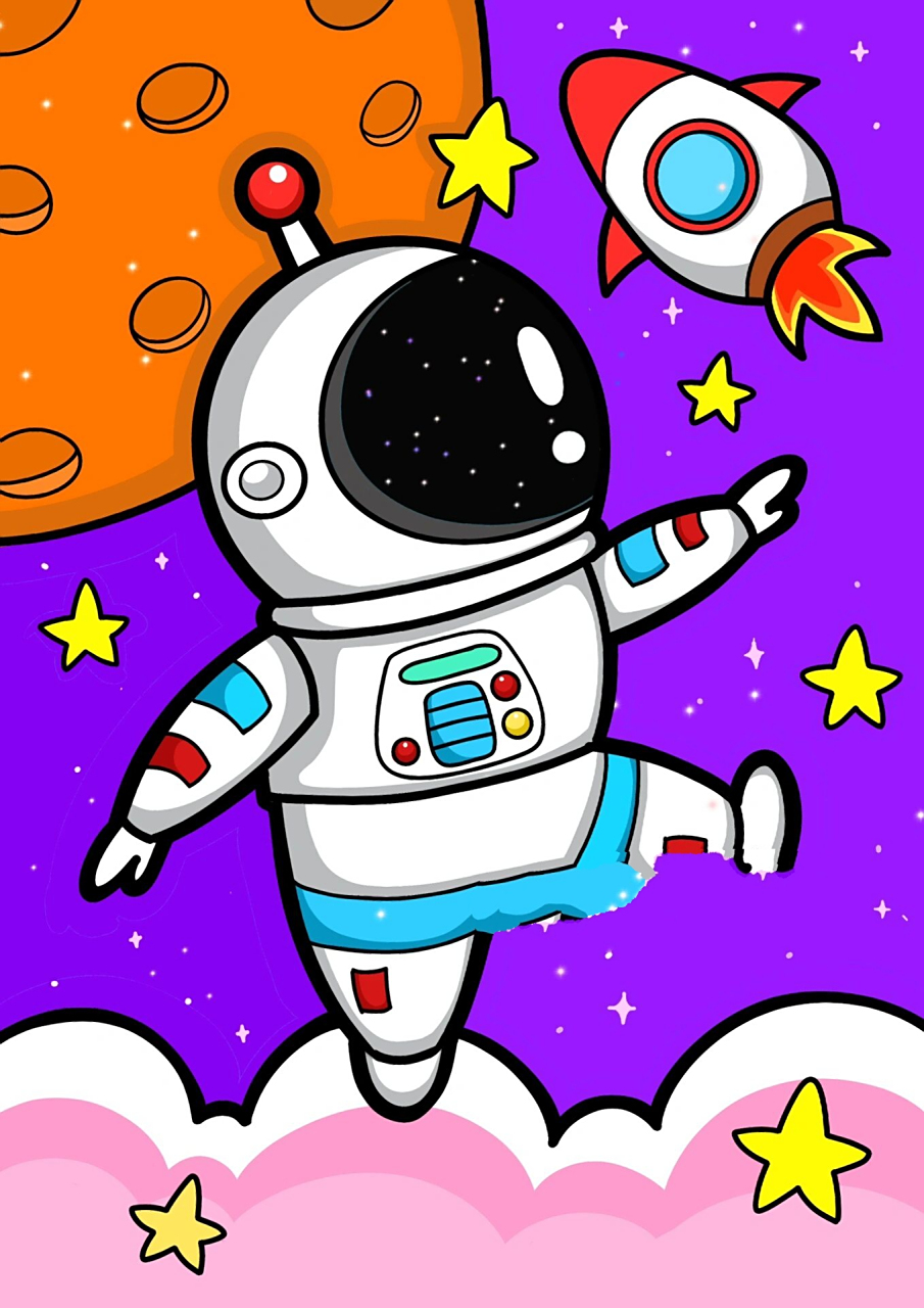 宇航员儿童画/太空科技主题/简笔画「附线稿」 可爱的宇航员火箭儿童