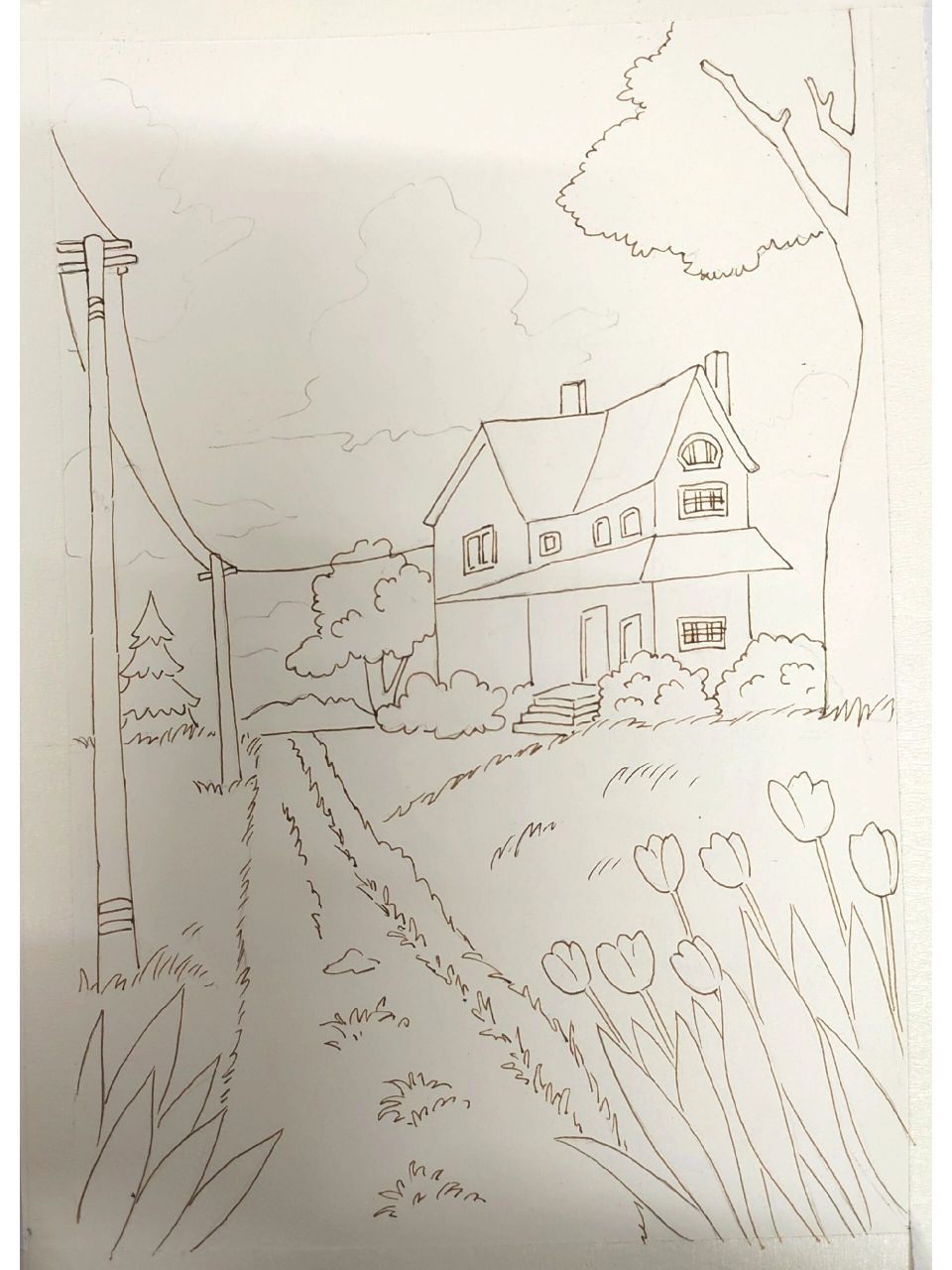 简单彩铅风景画附步骤图 学习目标: 学习马路透视和房子的结构,运用