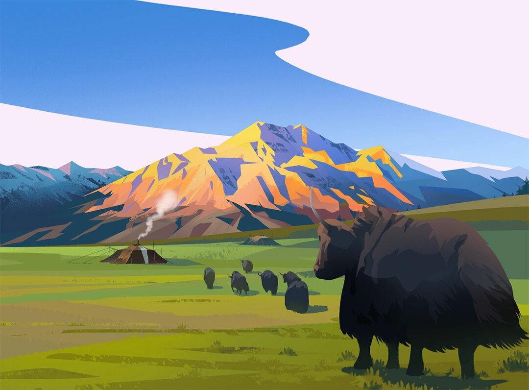 祁连山主题插画 之前画的一套商稿,祁连山主题插画明信片 绘画软件:ps