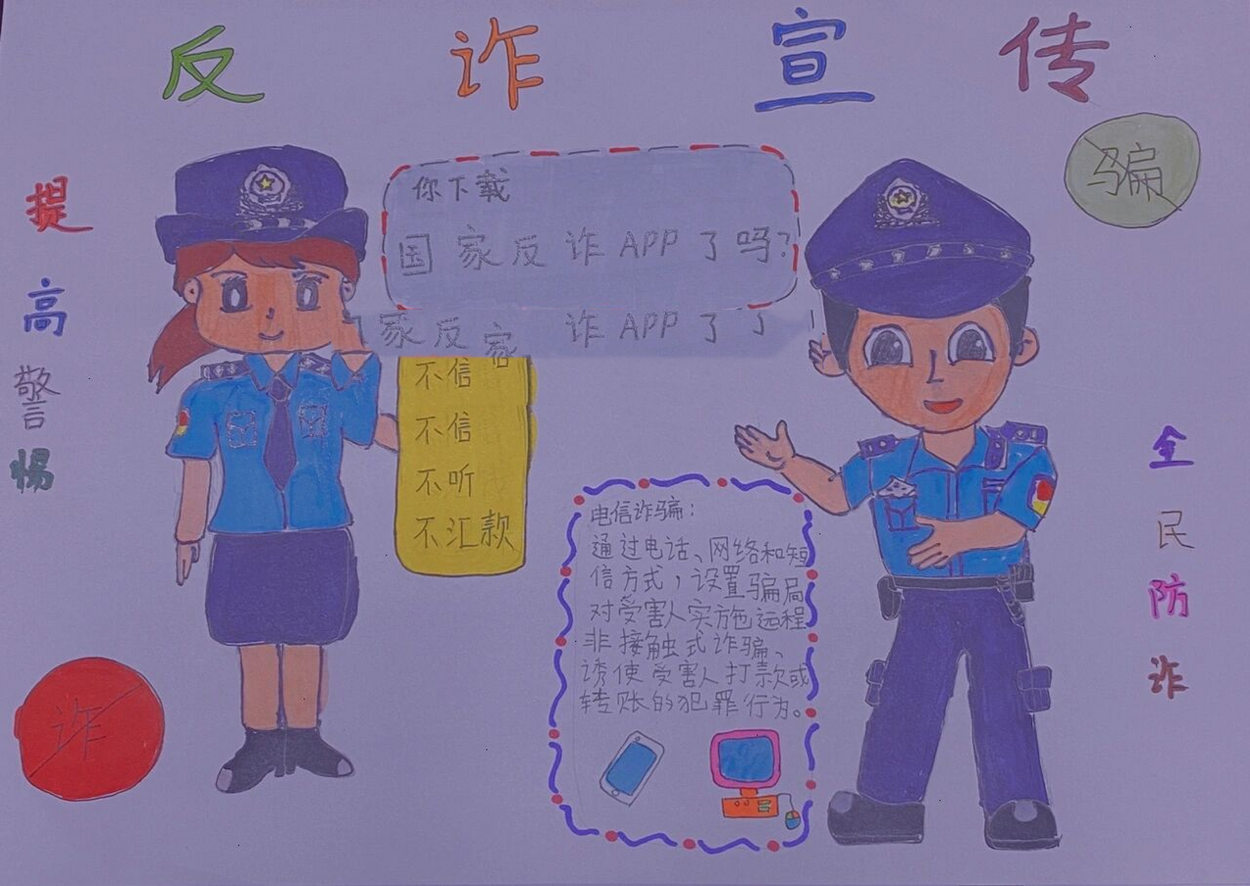 防诈手抄报 突然布置的加分作业,使本来就很多的功课雪上加霜,画的有