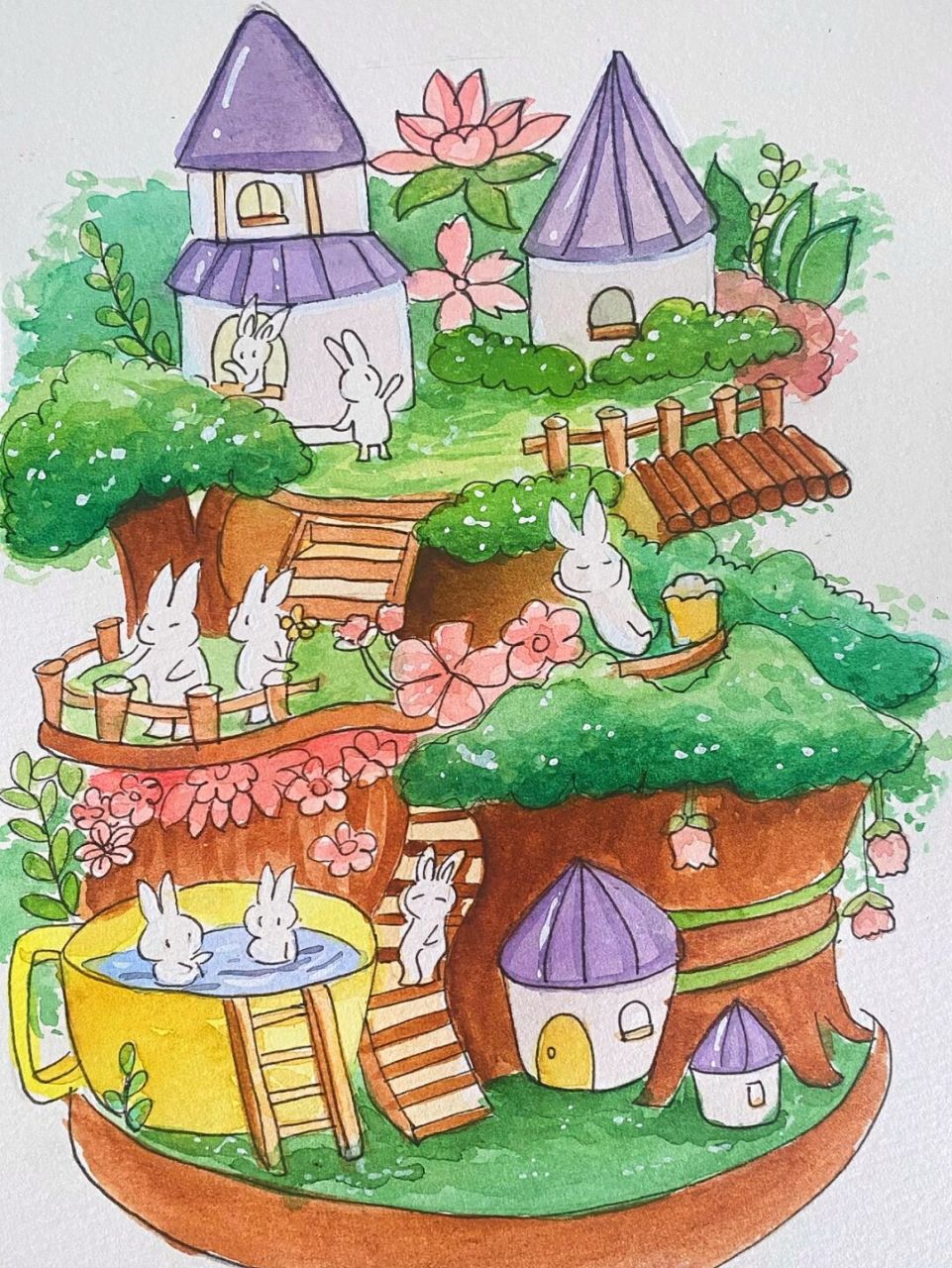 兔子水彩 #水彩# #树屋水彩# #兔子水彩