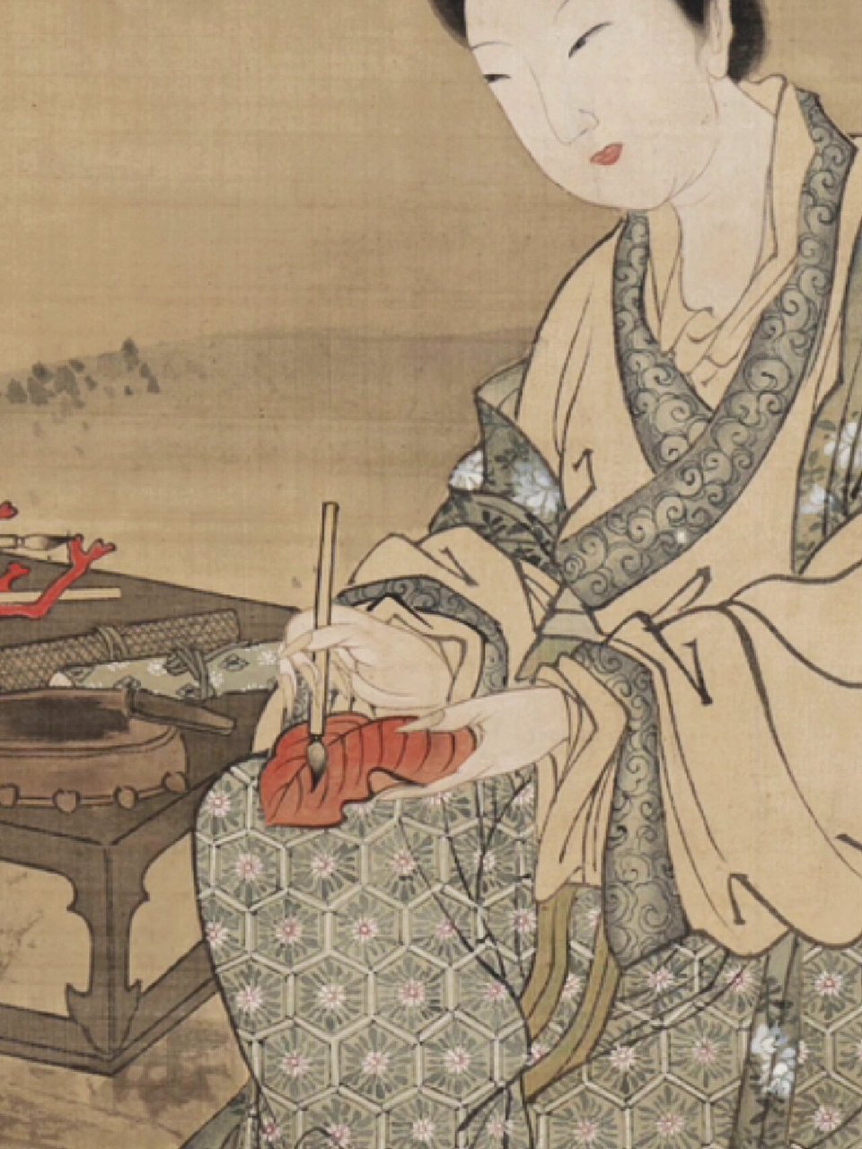 名画欣赏(206/365)|红叶题诗仕女图 你看一位美丽的女子在写字,诶,妙