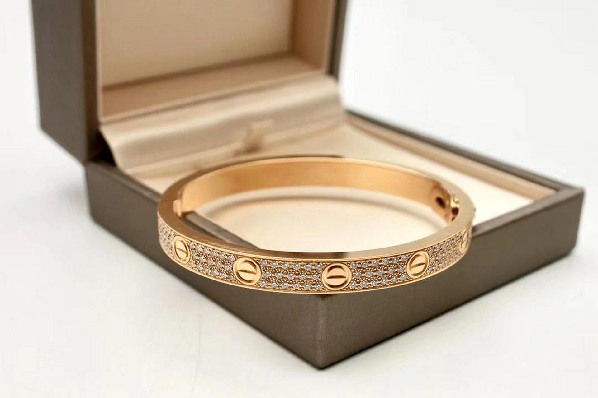 玫瑰金宽版满天星满钻手镯 cartier/卡地亚 n6036918 love系列 玫瑰金