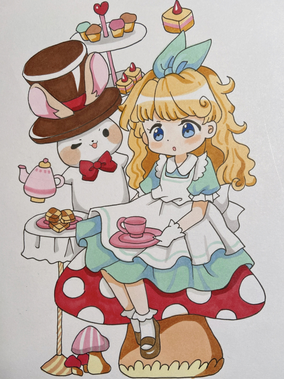 爱丽丝梦游仙境手绘马克笔动漫小兔子女孩 美术宝 爱丽丝梦游仙境 课