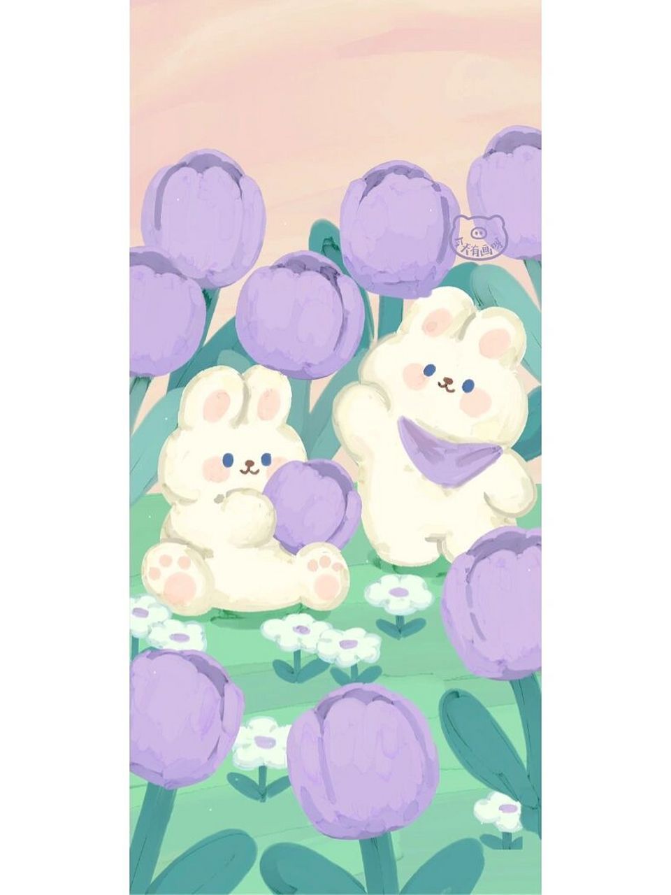 原创壁纸|油画紫色郁金香花丛兔兔壁纸 0815今天有画呀 02原创