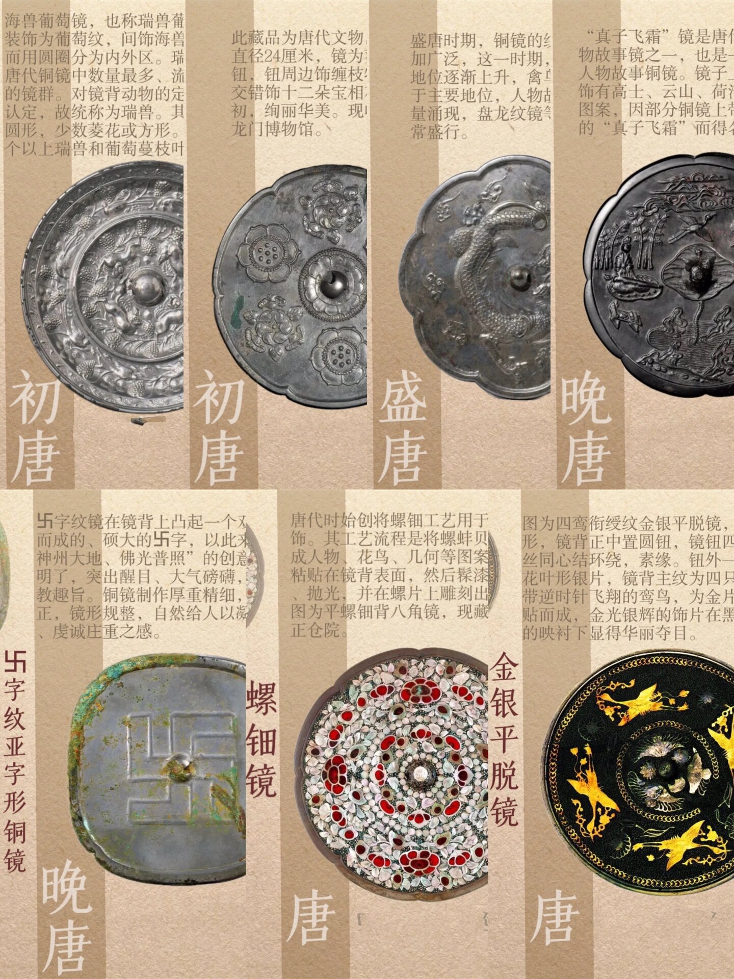 唐代铜镜突破了圆形的传统,创造出了葵花,菱花,荷花,方形,亚字形等