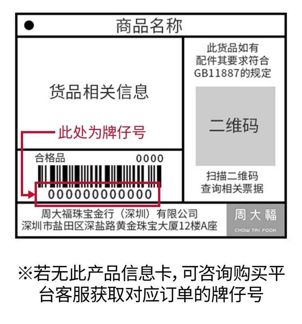 第一张图片是周大福产品的产品信息卡,附有牌仔号等重要信息;第二张图