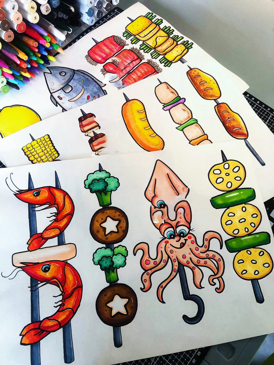 烧烤食物简笔画|烧烤马克笔画 原创烧烤食物简笔画,马克笔填色