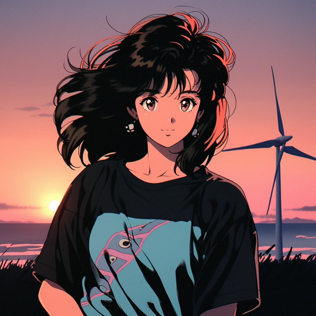 旧漫风格|夕阳下的海边风车女头