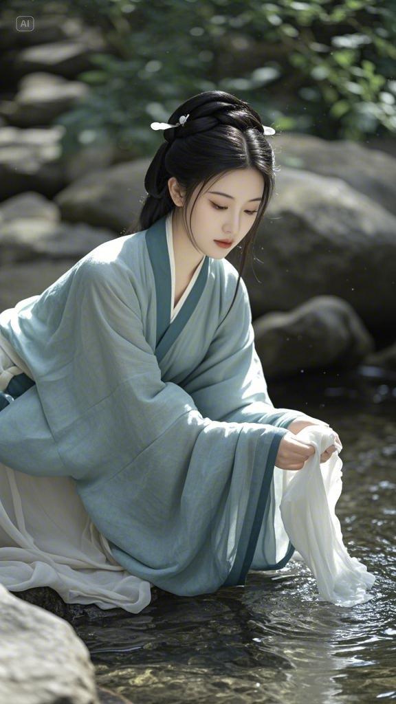 古代越国服装,绝代佳人西施,小溪畔浣纱真人写真,面部特写,高清,美出