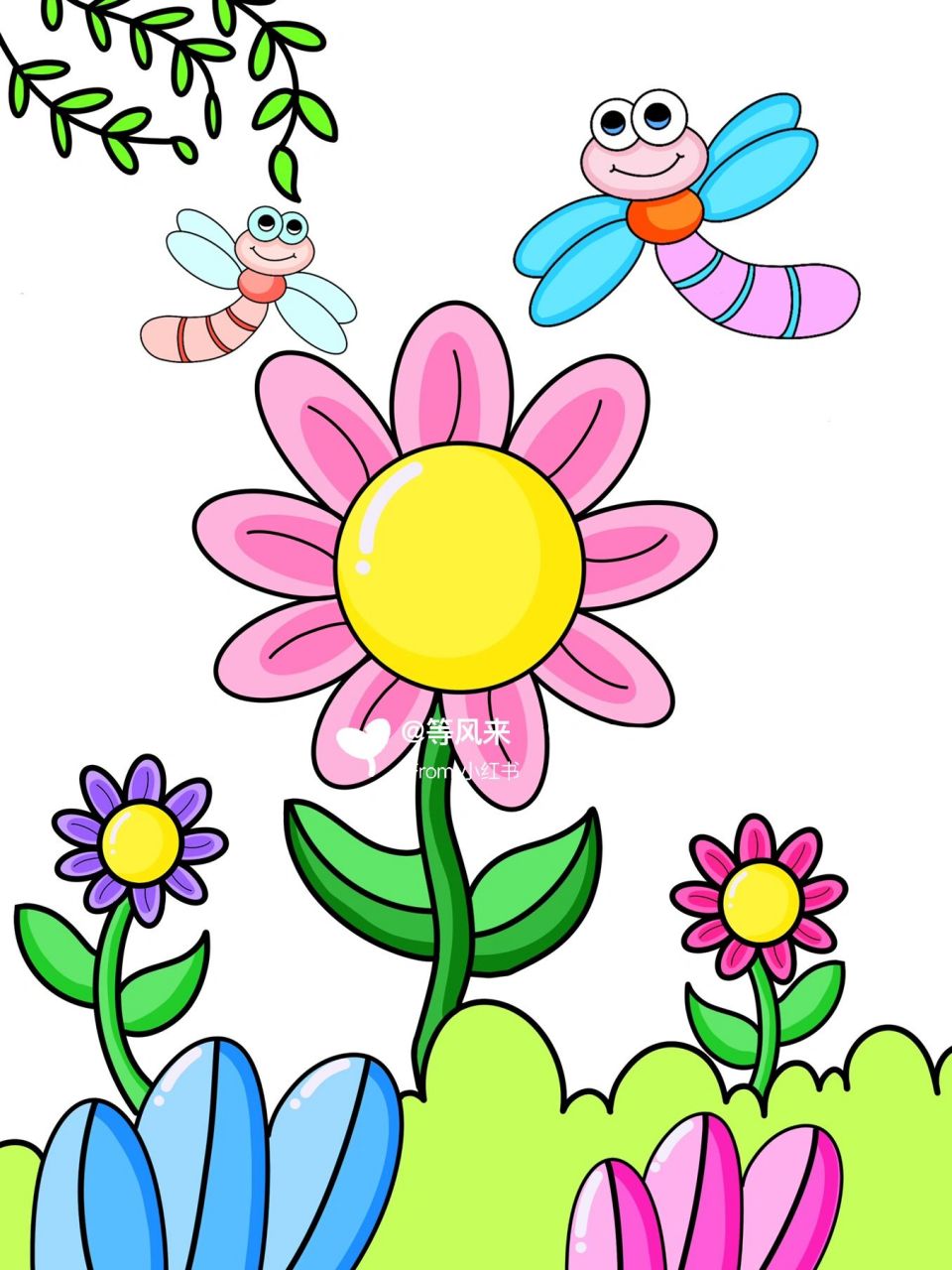 蜻蜓  花 创意画 儿童画 简笔画 有线稿 #创意美术儿童画# #儿童简笔