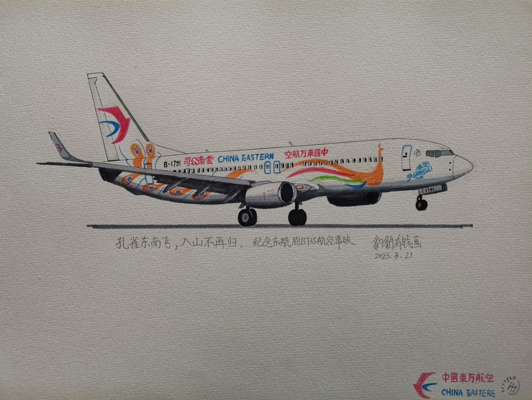 画一架东航孔雀机,纪念mu5735航空事故一周年