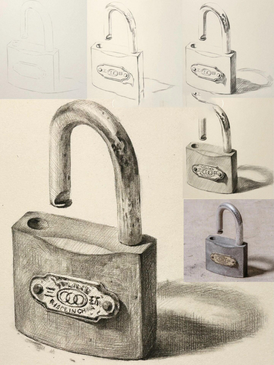 【素描静物】锁子全步骤教学       工具:尼奥尼炭笔软,中,硬或铅笔2h