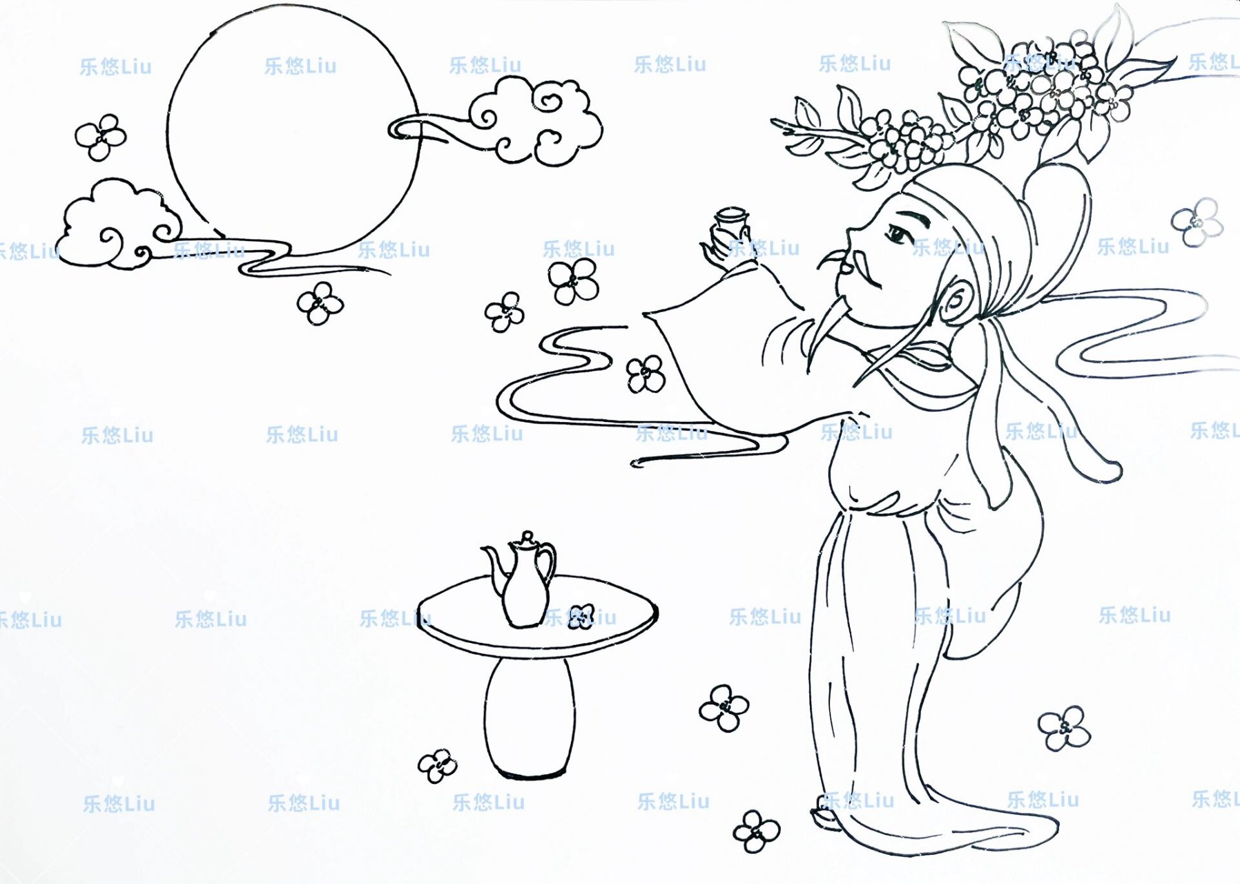 《月下独酌》古诗配画  中秋主题古诗配画. 	 95需要线稿私