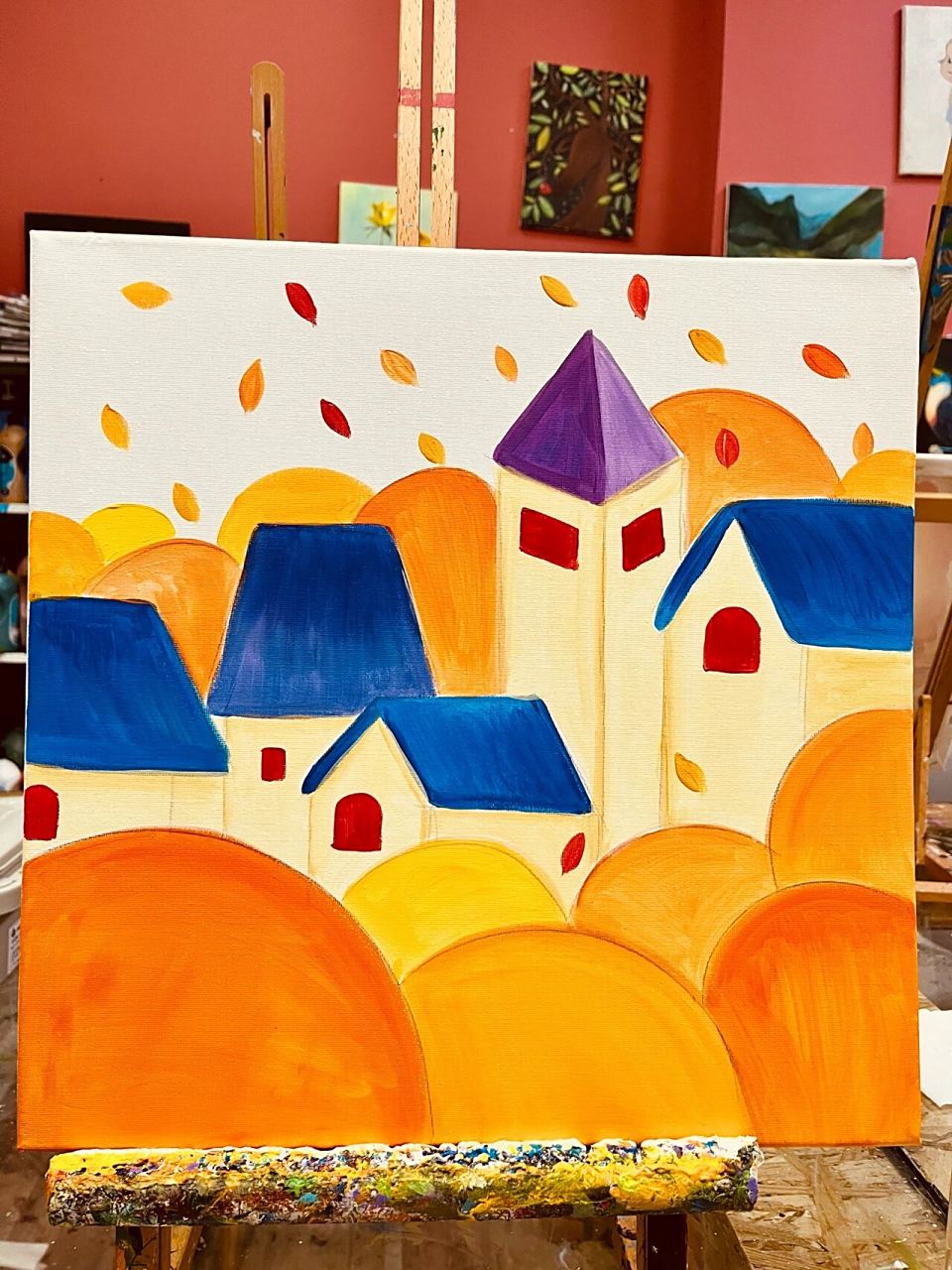 儿童油画—秋天的景色 蓝色的屋顶和橘色树木形成反差色,让作品更显秋