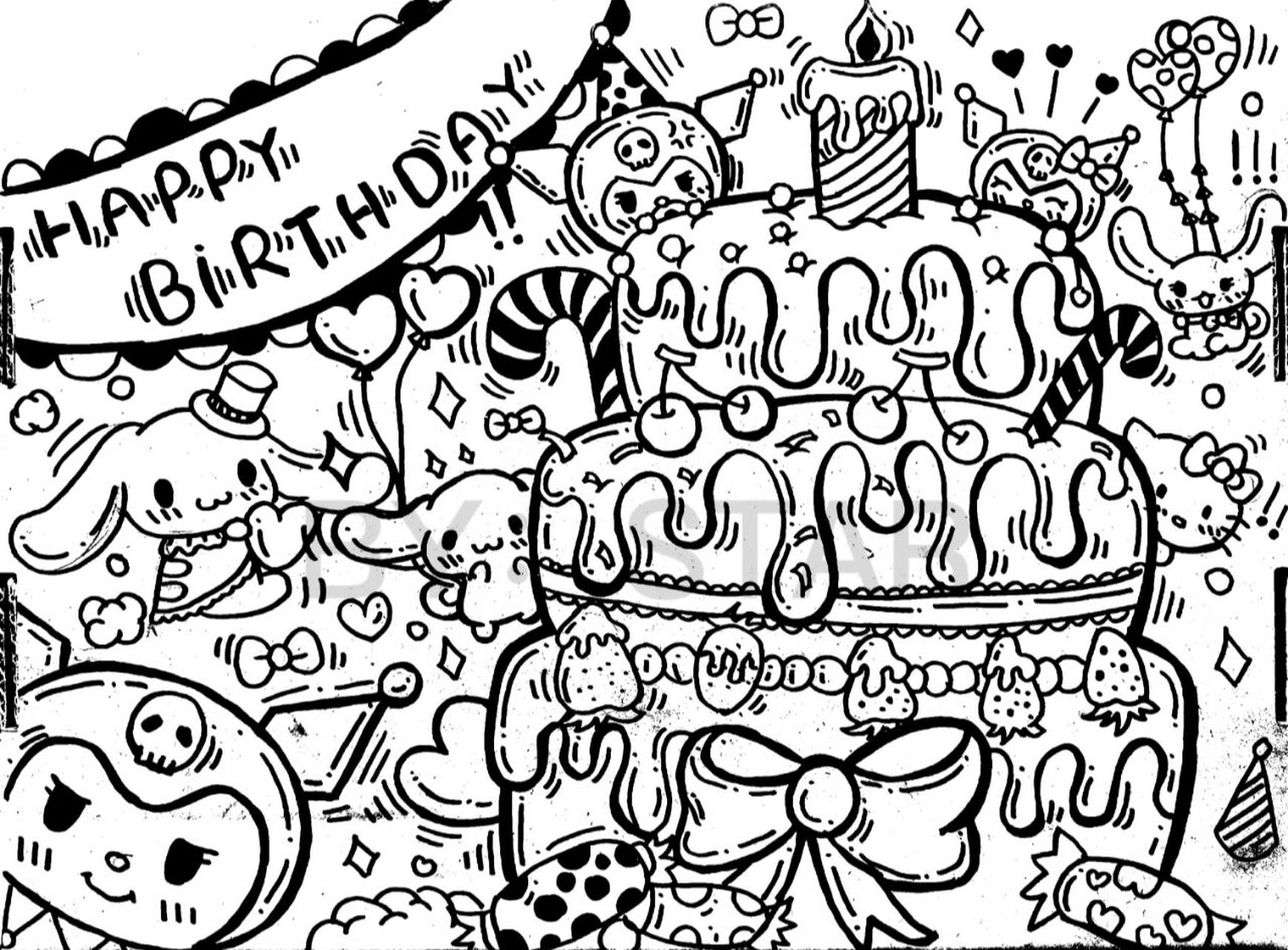 diy三丽鸥黑白生日涂鸦 有一些步骤图 工具: 2b铅笔 双头勾线笔 樱花